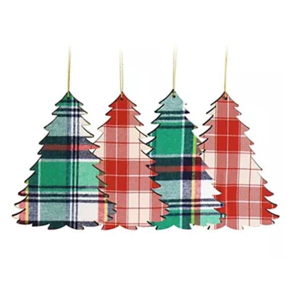 NWT Martha Stewart Holiday Tree Ornament 4 Piece Set Plaid Wooden Christmas Gift - Picture 7 of 7